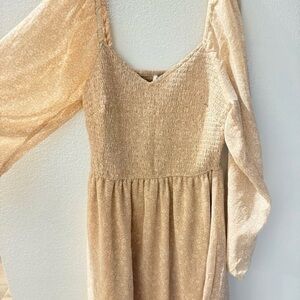 Smocked V-Neck Long Sleeve Midi Dress - Beige Floral